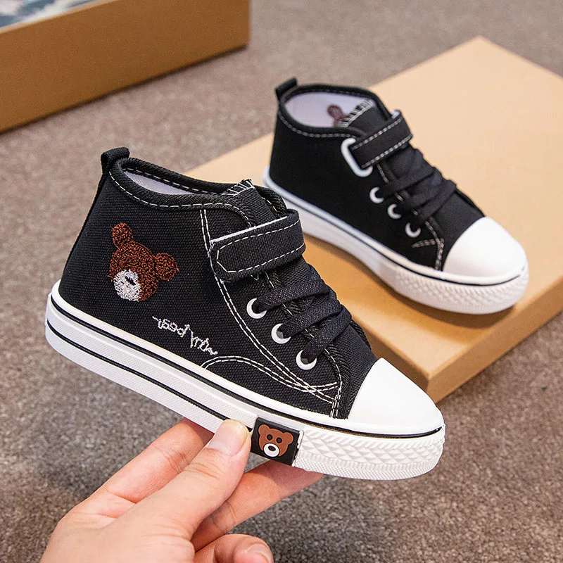 Kids Girls Boys High Top Canvas Shoes Cute Bear Pattern Breathable Casual Shoes Thick-soled Anti Slip Sneakers Kids Student Soft