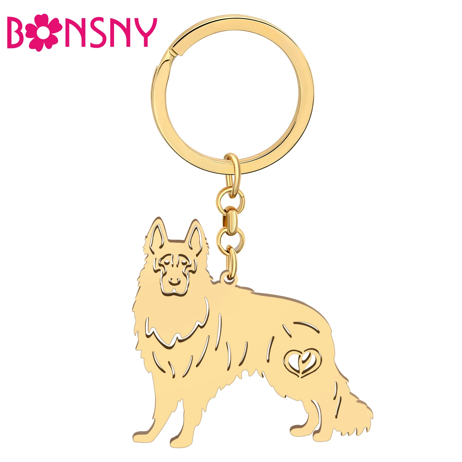 Bonsny Stainless Steel Gold-plated Shepherd Dog Key Chain Pet Keychain Ring Animal Bag Charms For Women Girls Car Gifts Jewelry