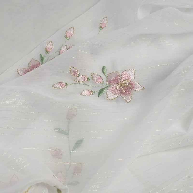 New Embroidered Flower Chiffon Fabric For Wedding Evening Dress Fashion Designer Fabric