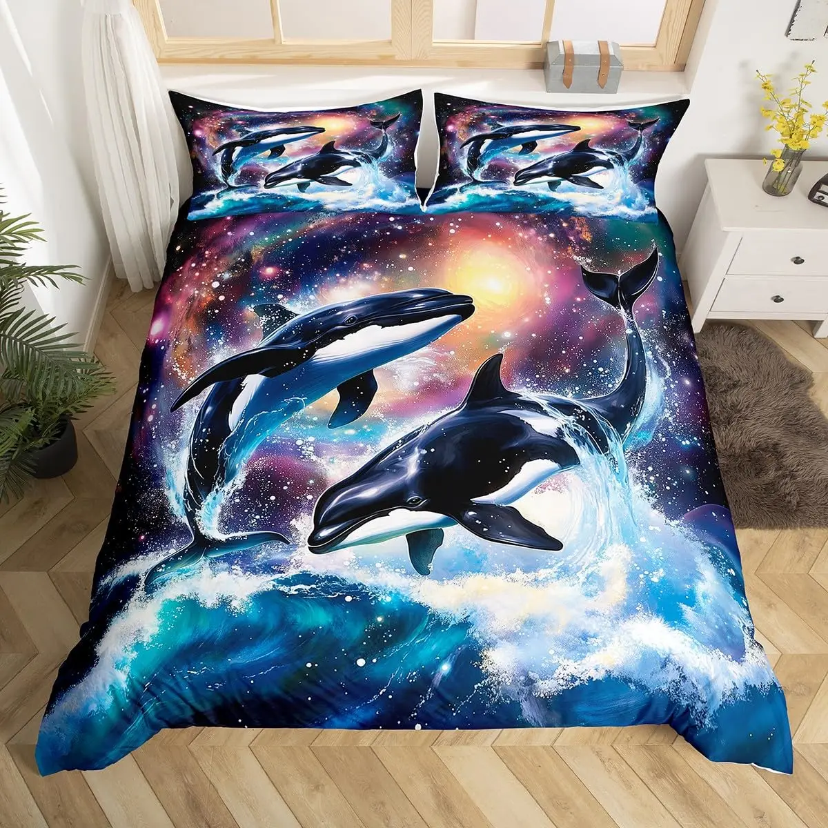 

Cute Cartoon Killer Whale Duvet Cover Ocean Orca Bedding Set,Coastal Marine Animal Print Comforter Cover Twin Queen for Boy Girl