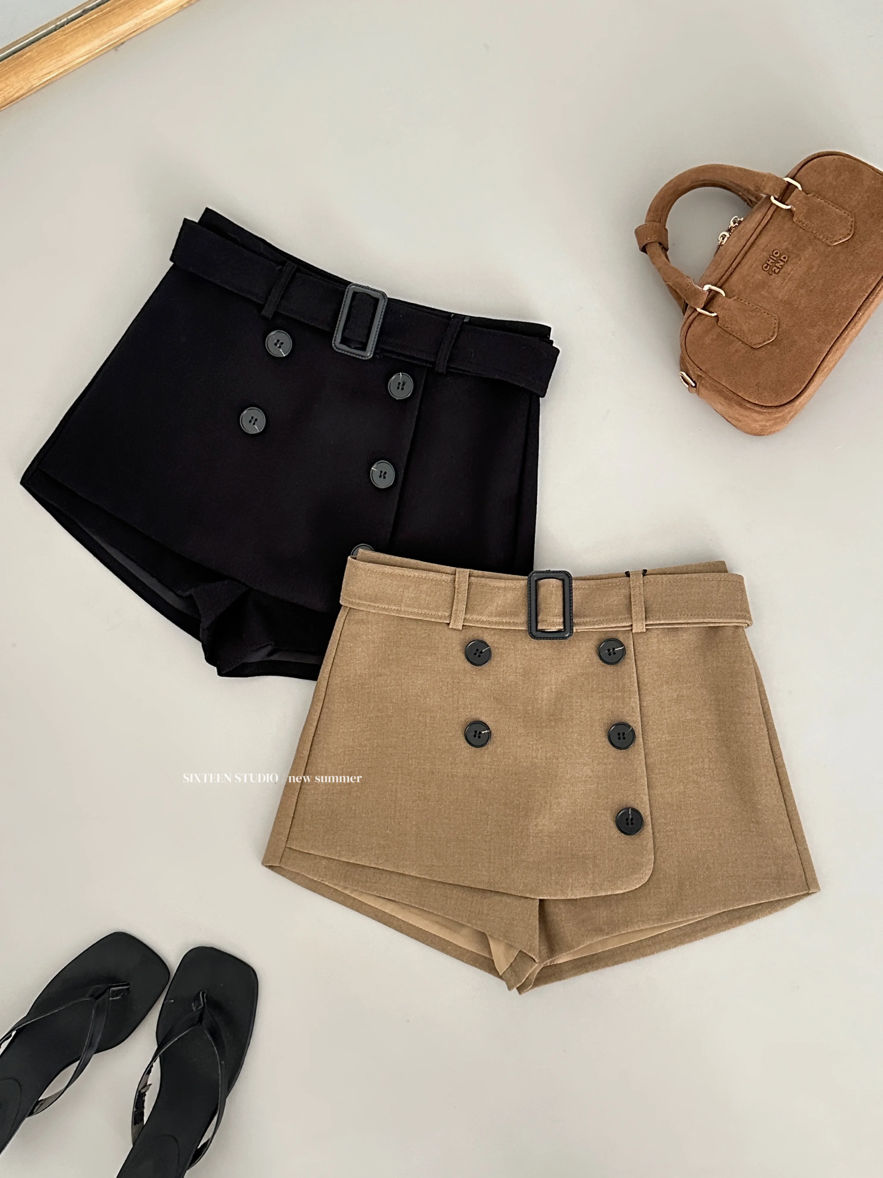 Women's Spring Autumn Elegant Asymmetrical Double Breasted A Line Short Skirt Lady Streetwear Solid Color Irregular Shorts Skirt