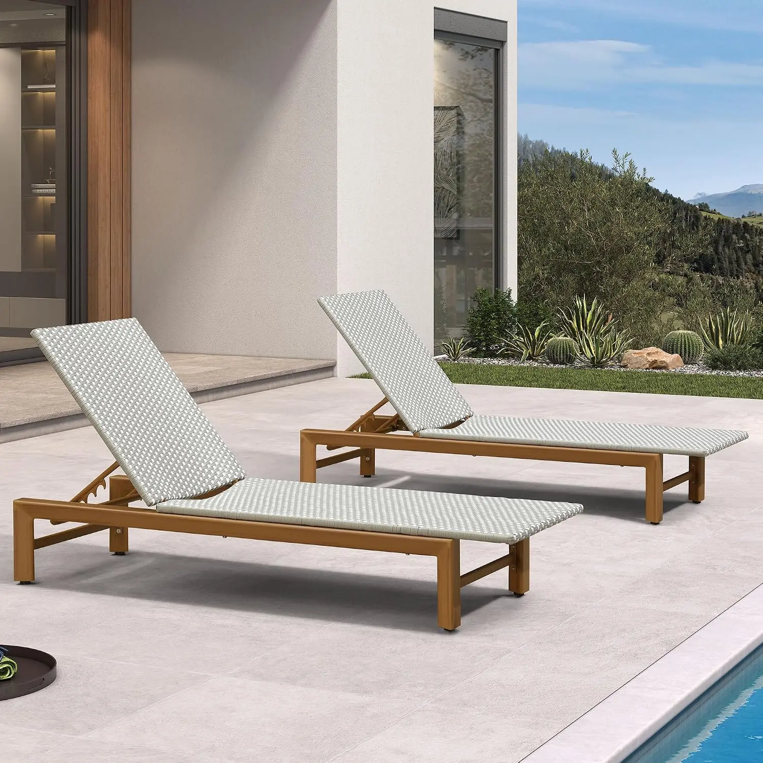 1 Piece Outdoor Chaise Lounge French Rattan Wood-Grain, Grey | Handwoven Wicker, Matte Teak Wood-Grain Rustproof, Customized