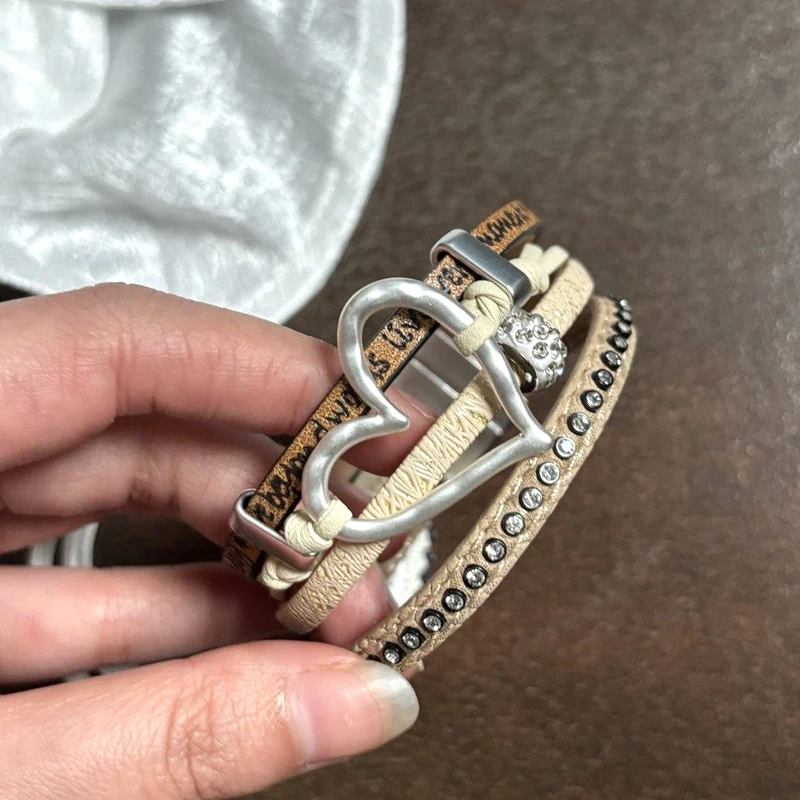 Bohemian Leather Crystal Heart Bracelet Vintage Accessories Korean Fashion Aesthetic Bracelet  Women Charm Punk Jewelry Bracelet