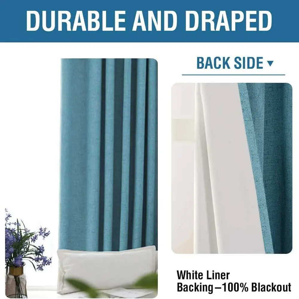 ستائر مكونة من 108 ستائر من الكتان باللون الأزرق المخضر، معتمة بنسبة 100%، مجموعة مكونة من لوحتين لغرفة النوم وغرفة المعيشة