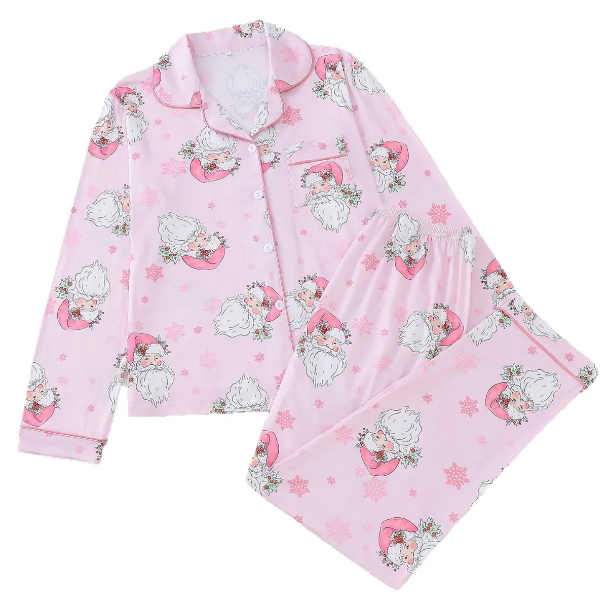 Ensemble pyjama père noël pour femmes, chemise de nuit rose, manches longues, hauts et pantalons, vêtements de maison, vêtements de nuit pour fête de noël, automne