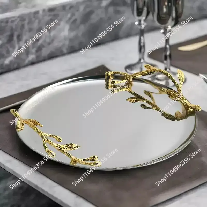 Gold Handle Multipurpose Storage Tray, Fruit Snack Dessert Serving Plate for Hotel Kitchen Dining Table & Household Desktop
