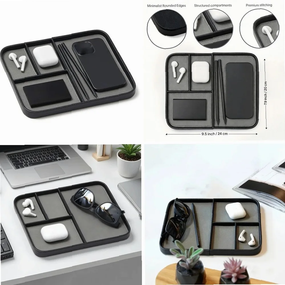 

Leather Storage Tray, Desktop Bedside Organizer Tray for Phone Watch Keys Jewelry, Minimalist European Style Home Office Decor
