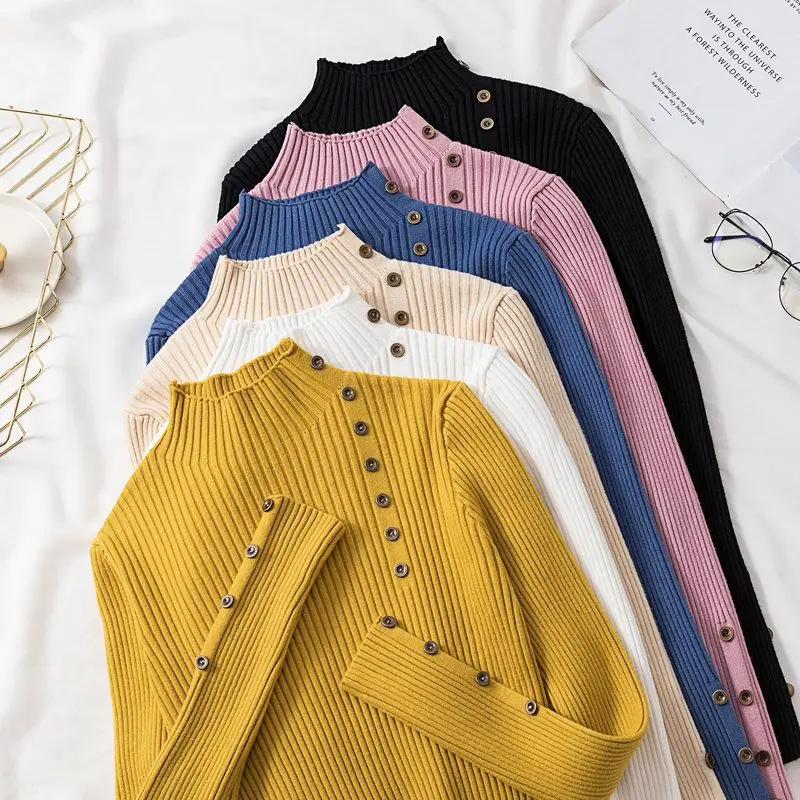 2025 maglioni dolcevita lavorati a maglia autunno donna tinta unita lavorato a maglia cotone femminile morbido colore elastico pullover slim bottone manica intera
