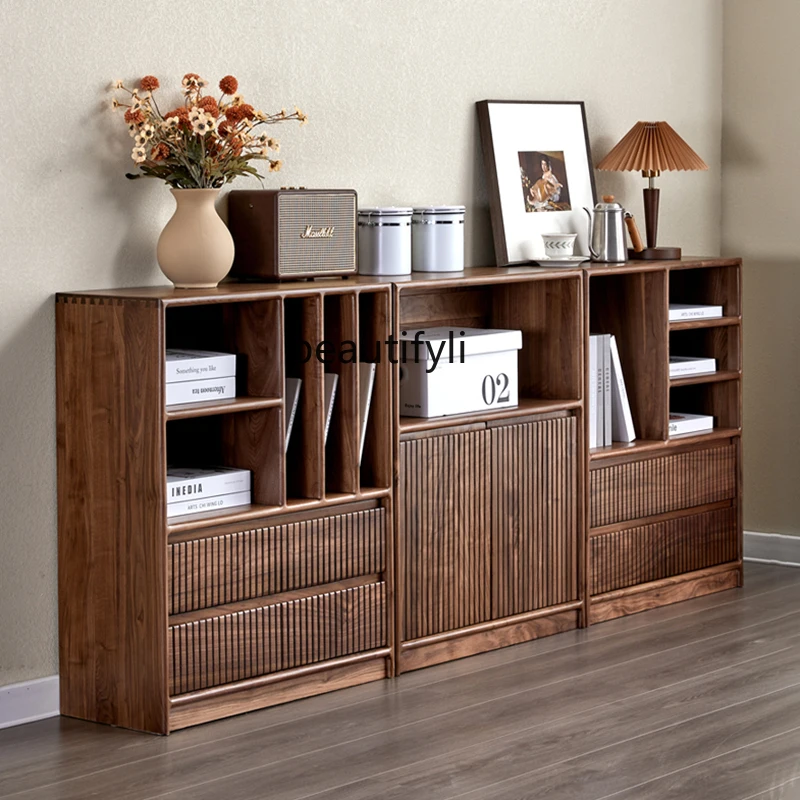 Nordic Black Walnut Low Bookcase Solid Wood Locker Modern Wall Floor Combination Bookshelf