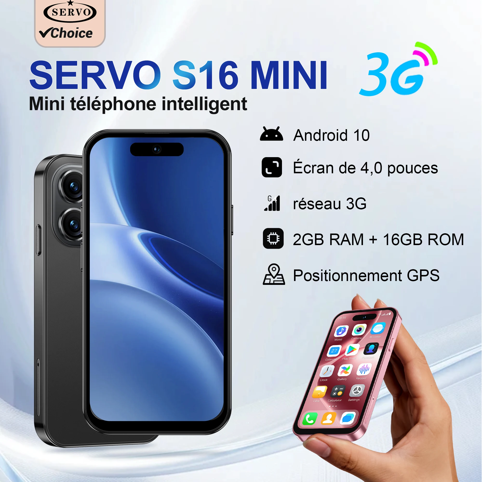 Mini smartphone Android SERVO, 3G, écran HD 4 pouces, 2 Go + 16 Go, déverrouillage facial, GPS, petit téléphone mobile intelligent, WiFi, Play Store, 2000 mAh