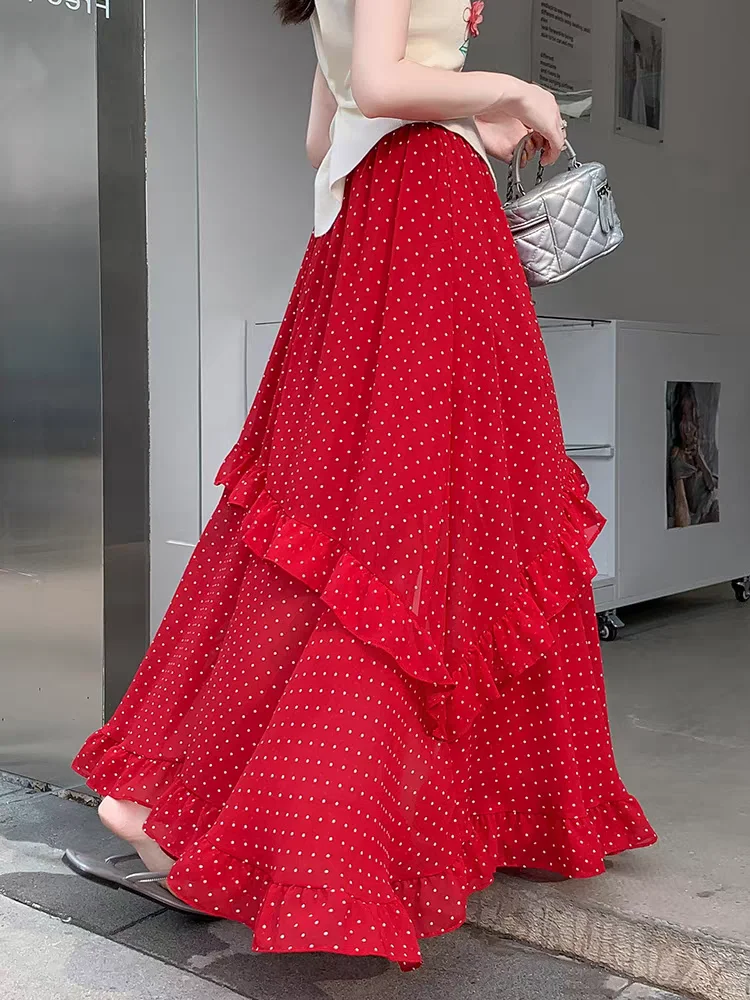 

Women's Polka Dot Summer Skirt: Flowy A-Line Maxi with Asymmetrical Hem, Thigh Slit & Ruffled Details