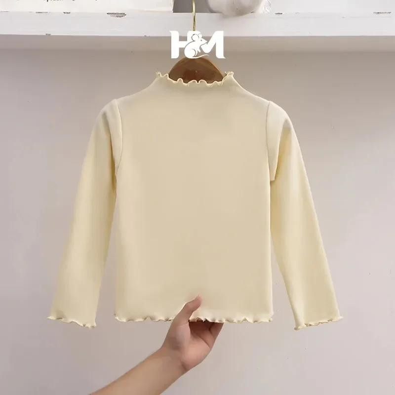 Children Clothing New Girls Base Shirt For Autumn and Winter Children Trendy Black Fungus Edge Solid Color Long Sleeved T-shirt