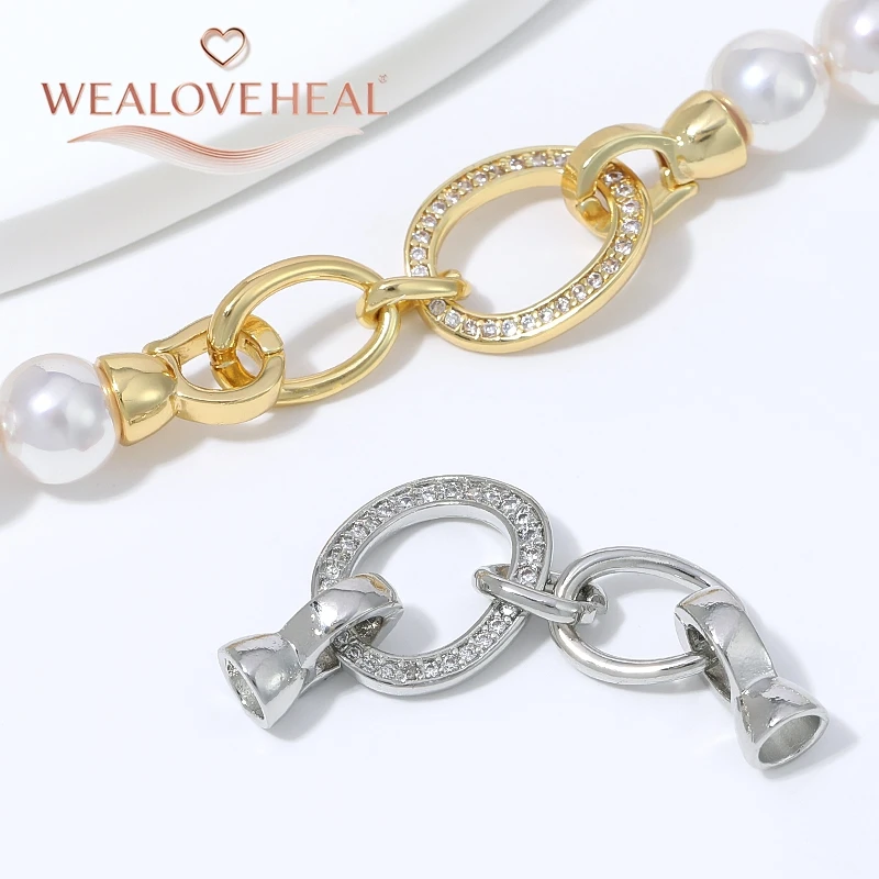18K vergoldeter Messing-Doppelring mit Perlenverschluss, mikrobesetzter CZ-Oval-Verbindungsstück mit Schalenenden für DIY-Schmuckherstellung – Detail 18