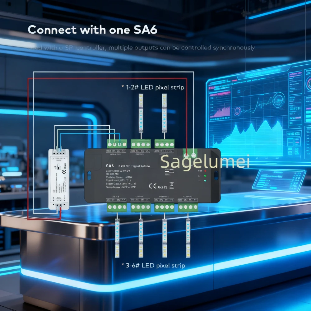 

Светодиодный усилитель SA SA SA6 SA-T SA-R Skydance DC5-24V Разветвитель сигнала SPI Двухсторонний выход сигнала SPI (TTL) для пиксельного контроллера 6-полосный
