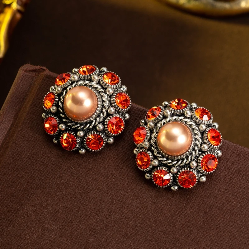 Vintage Round Rhinestone Pearl Earrings for Women Elegant Retro Statement Drop Earrings Party Jewelry Gift