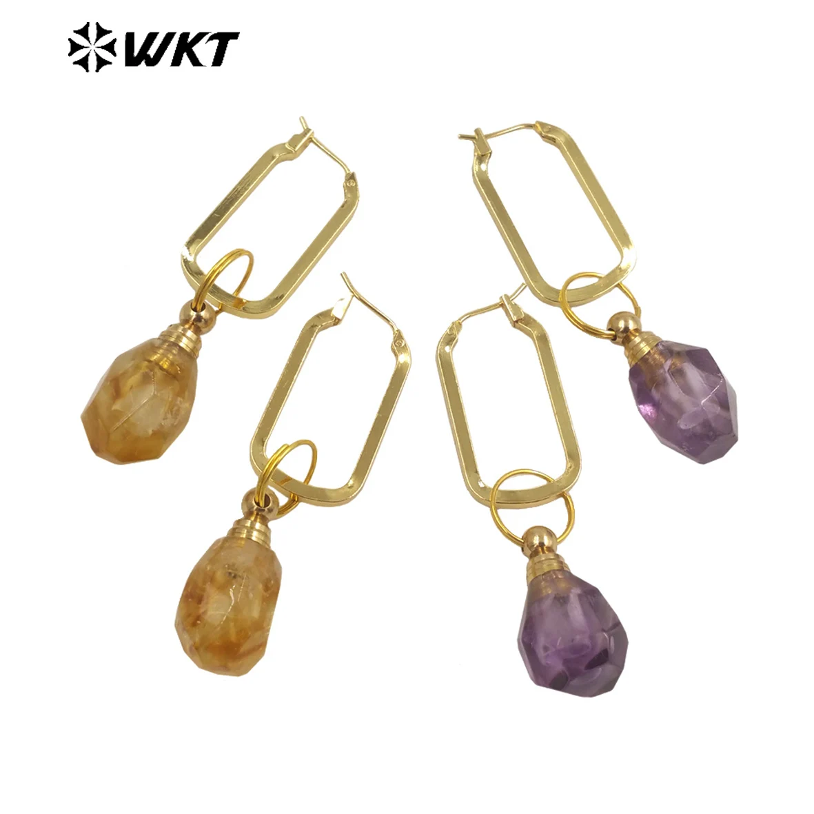 

WKT-E727 WKT 2023 Retro jewelry lady yellow citrine& amethyst earrings fashion earring design wedding party hot sale accessory