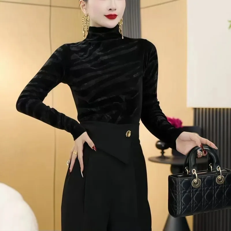 New 2025 Design Full Bright Diamond Print Color Matching Long-sleeved Fashion Top Autumn and Winter Warm Bottoming Shirt