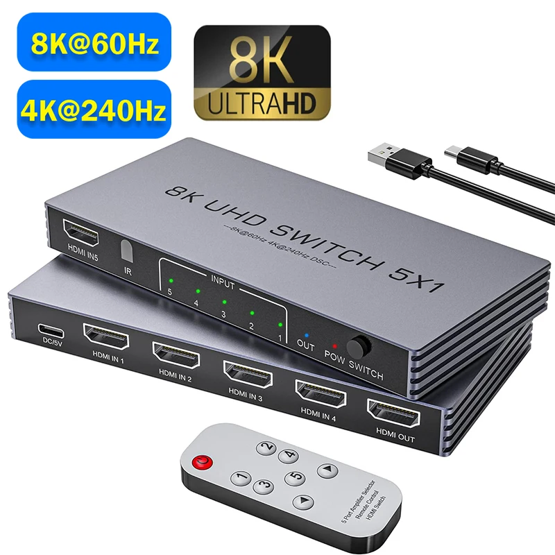 New Upgrade 8K@60Hz 4K@240Hz HDMI Switch 5 in 1 out 48Gbps Ultra HDMI Switcher Video Selector with Remote Support HDCP2.3 HDR10