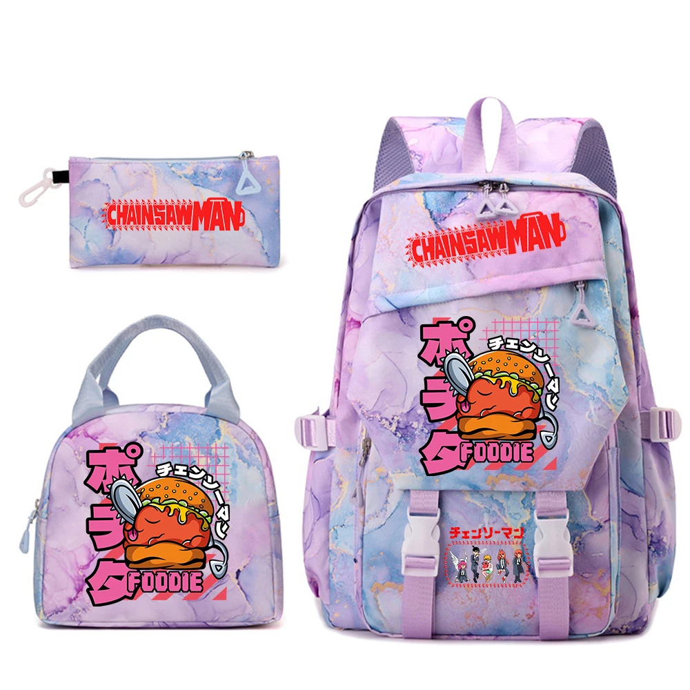 かわいいチェーンソーマン-スクールバッグセット-女の子用-キッズバックパック-ランチキット付き-ペンシルホルダー付き-トラベルデイパック