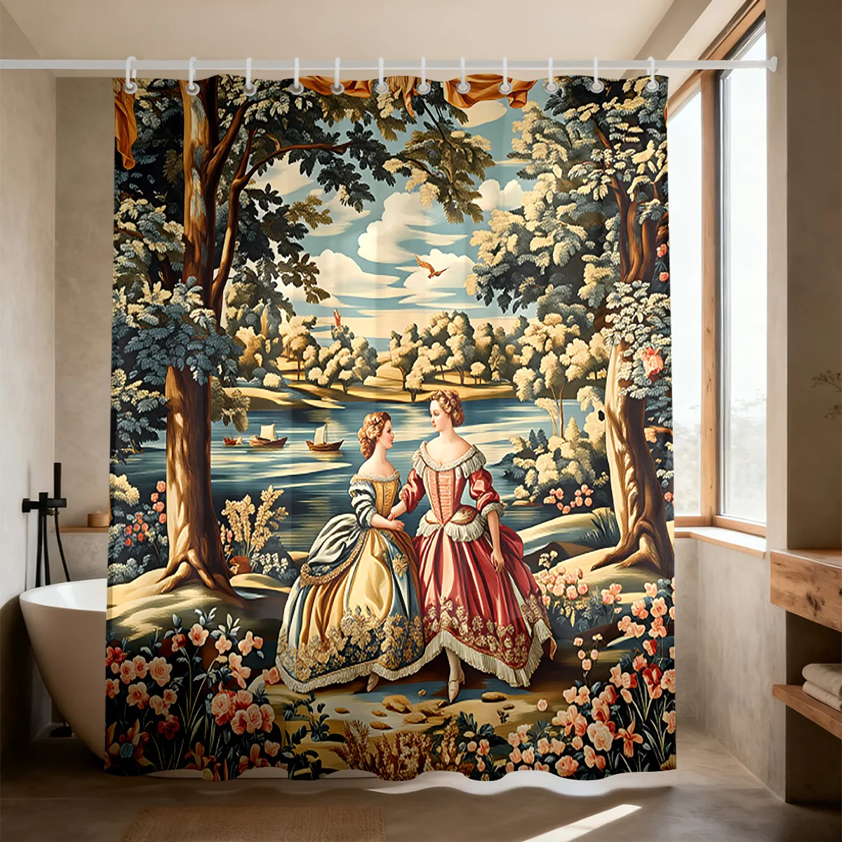 Vintage Medieval Noble Women Landscape Shower Curtain Polyester Digital Printing Classic European Garden River Scenery