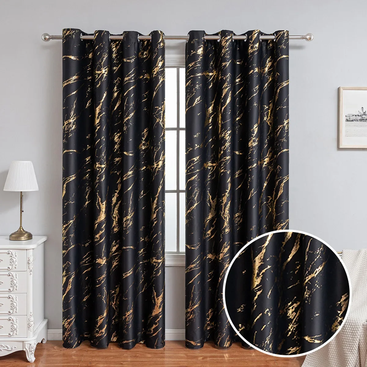 1pc Modern Marble Pattern Curtain with Gold Foil, Precision Drilling for Home Decor, Living Room, Bedroom Curtains