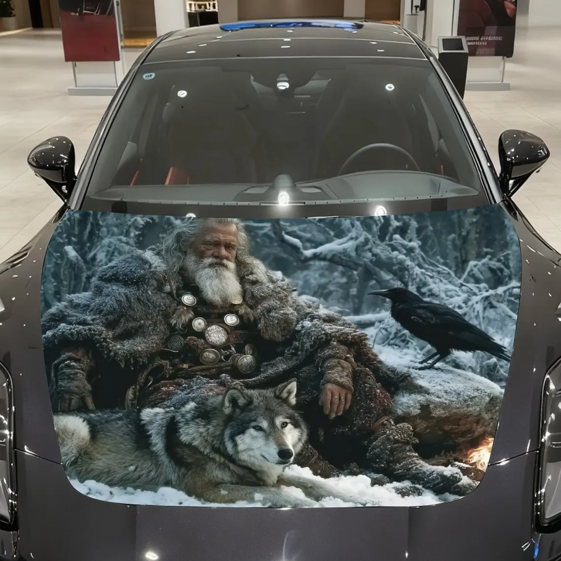 Mysterious Odin And The Wolf Car Hood Wrapped In Colorful Vinyl Stickers, Suitable For Trucks, Decorative Hood Graphics, And Aut