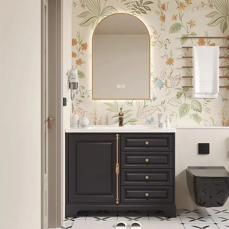 newFrench oak retro bathroom cabinet combination bathroom ceramic integrated basin washbasin floor-to-ceiling luxury stone