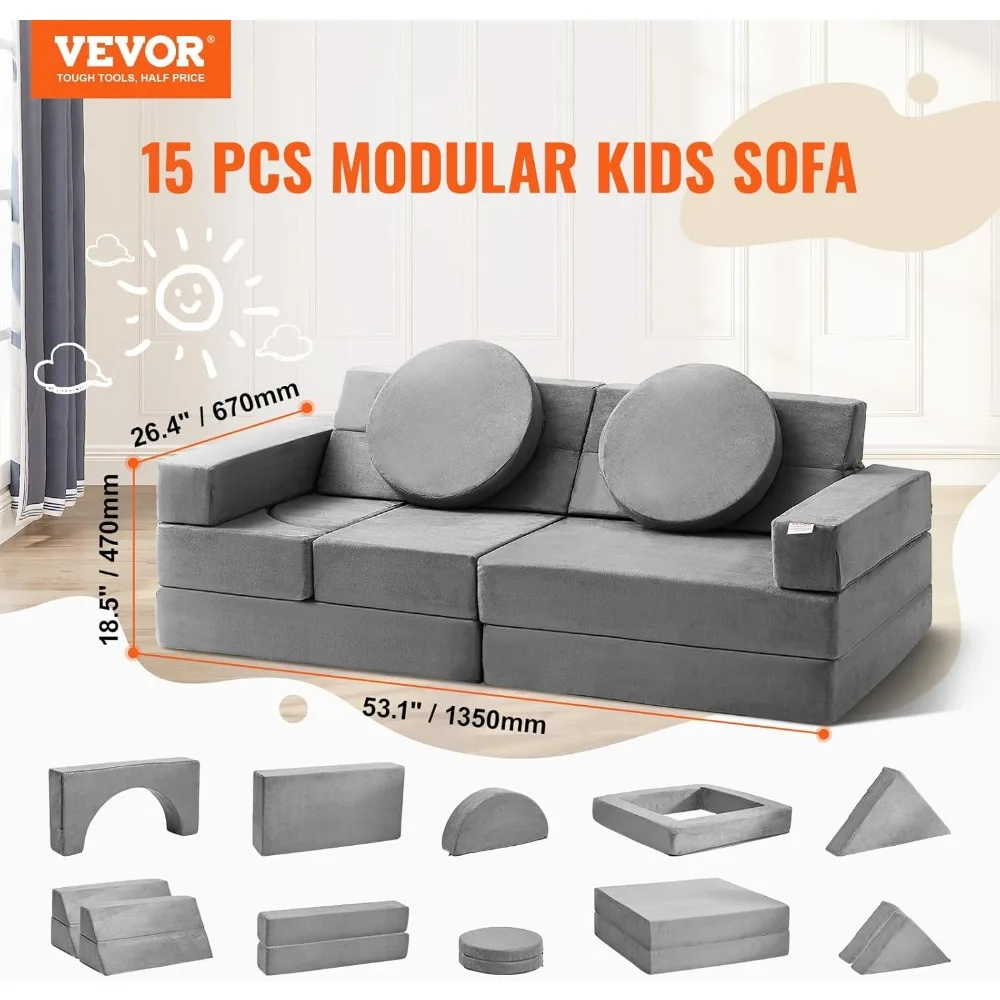 Play Couch, 15pcs Modular Couch, Toddler Foam Sofa Couch with High-Density 25D Sponge for Playing, Creativing, Sleeping