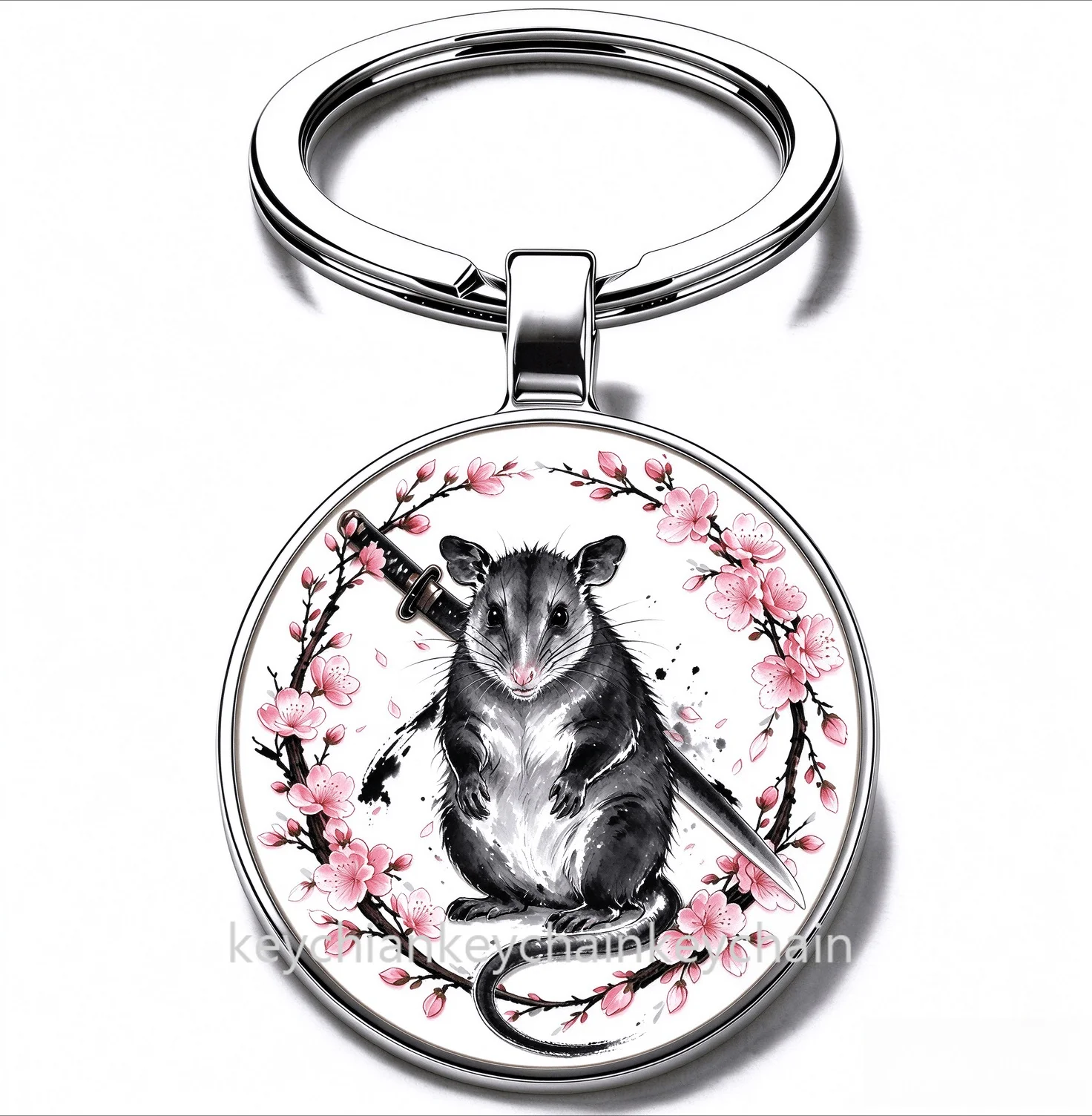 Japanese Zodiac rat Cherry Blossom Katana Keychain Samurai Sword Sakura Wreath Key Ring Car Bag Pendant Men Gift