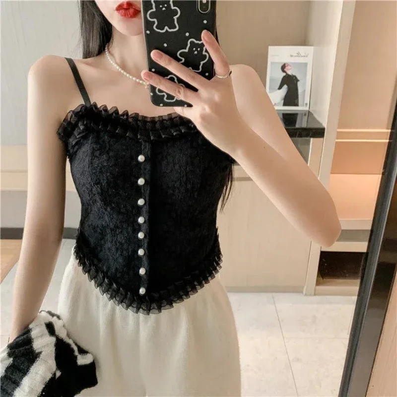 2024 Summer New Korean Sexy Sleeveless Lace Short Top Vest Retro Corset Casual Lace Vest
