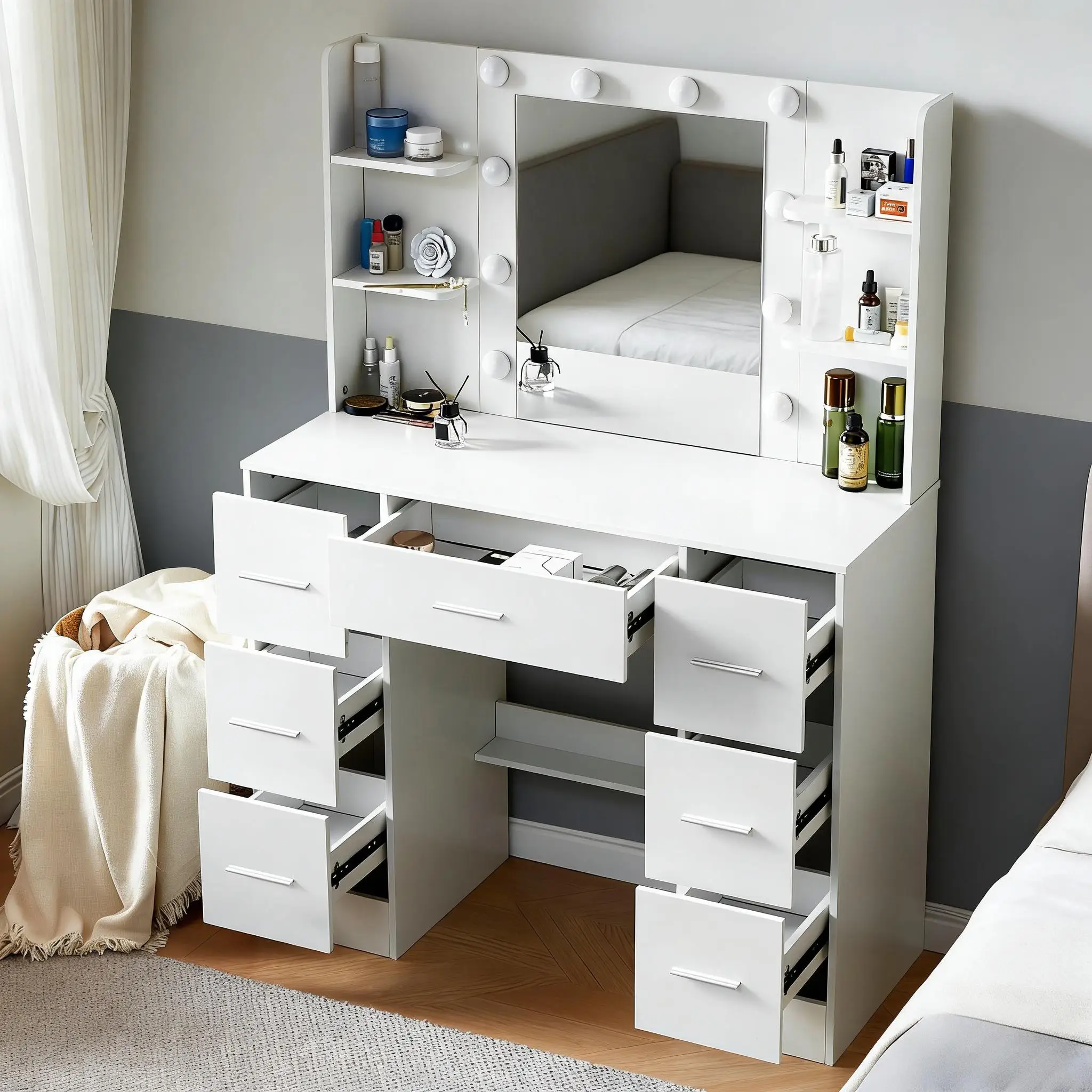 Modern White Vanity Table, 10 Dimmable LED Bulbs, 3 Color Adjustable Mirror, Storage Organizer