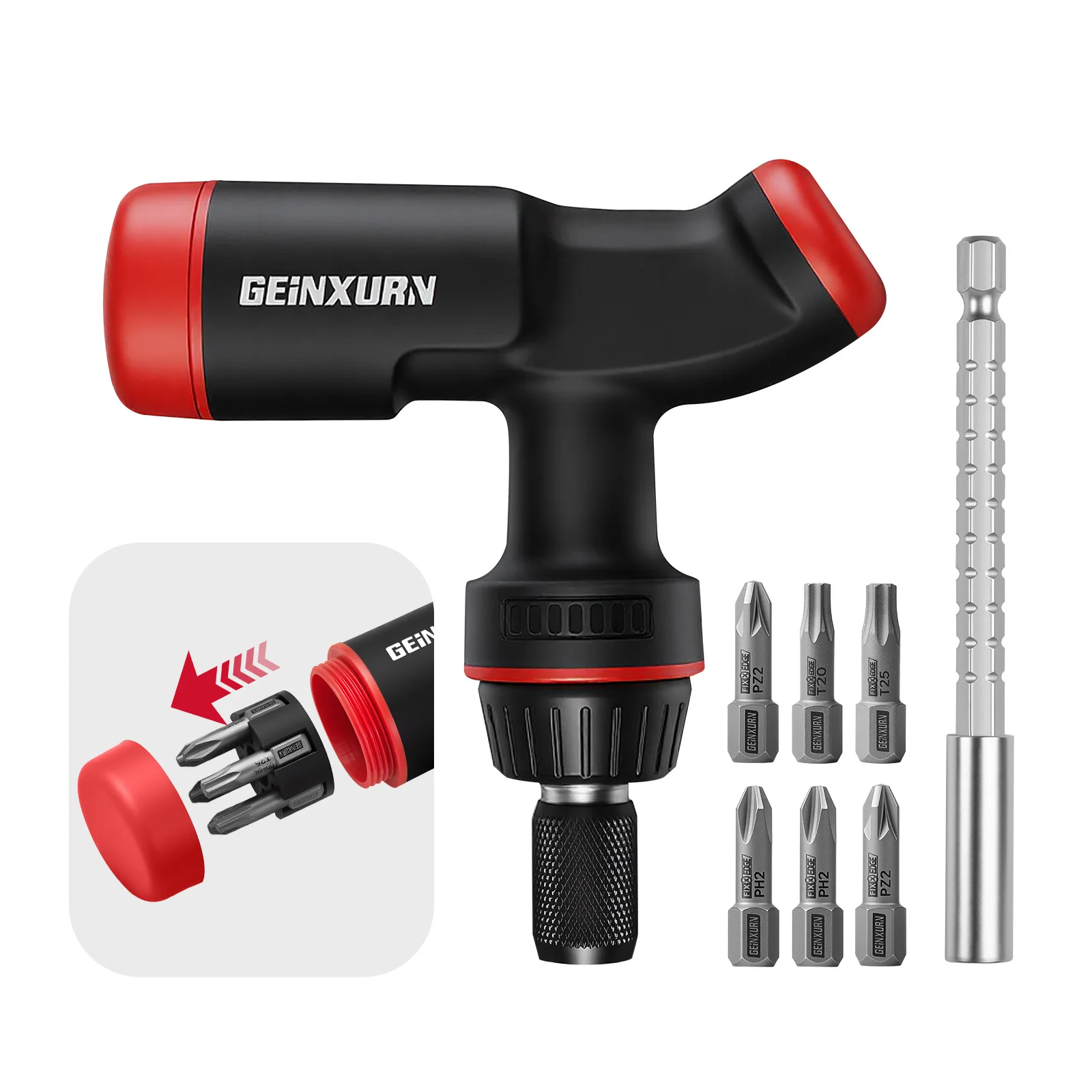 Geinxurn T-Handle Ratchet Screwdriver Set with Sockets and S2 FIXEDGE Multi Screwdriver Bit Stored in Handle, Perfect for Home