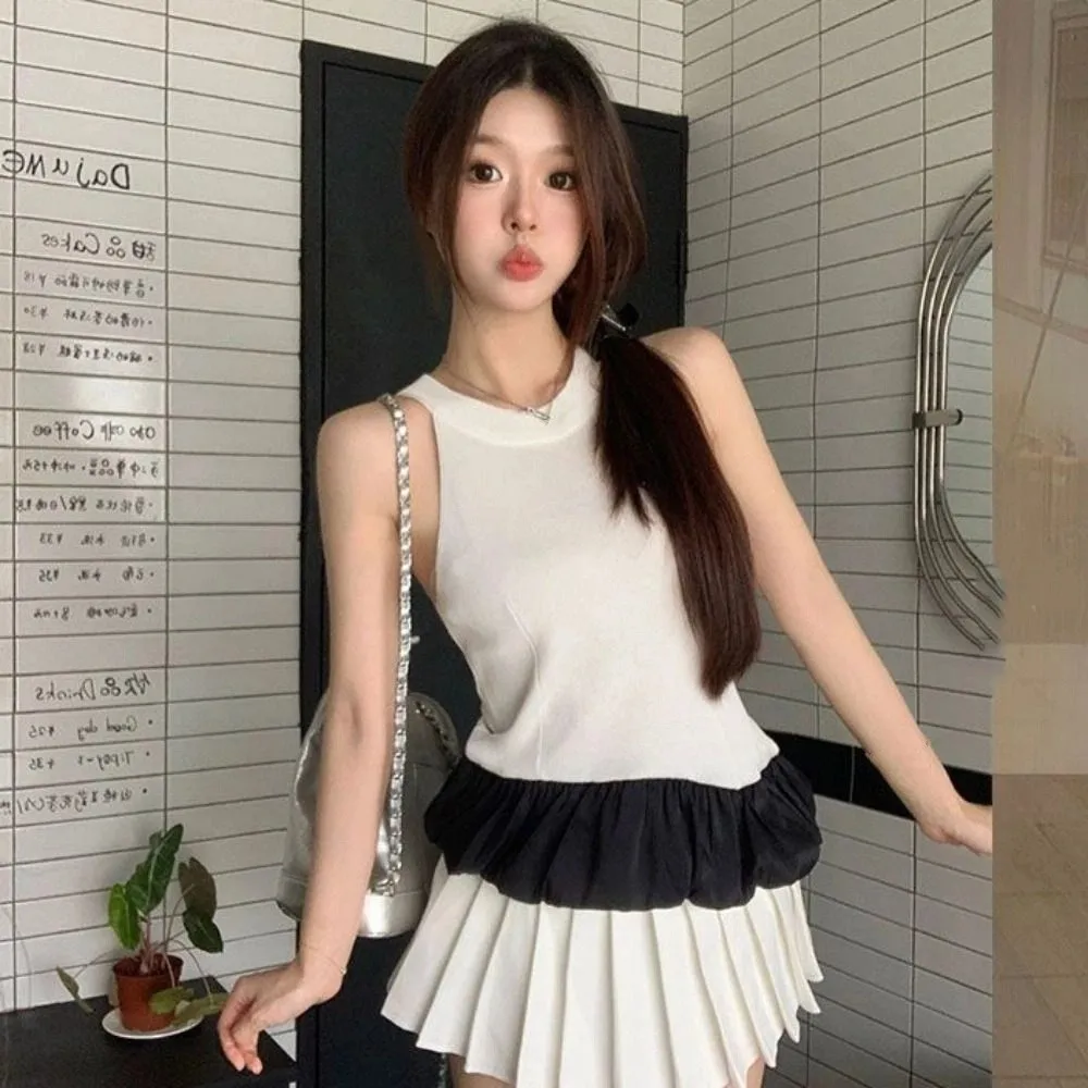 

Cute Slim Fit Sleeveless Crop Top Vest Spicy Girl Style Mesh Ruffle Camisole Irregular Halter Camisole Women Lady