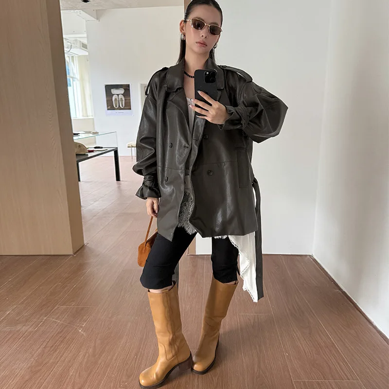 Stylish Streetwear Jacket with Large Lapels Metallic Thread Double Breasted Mid Length Tied Waist Design