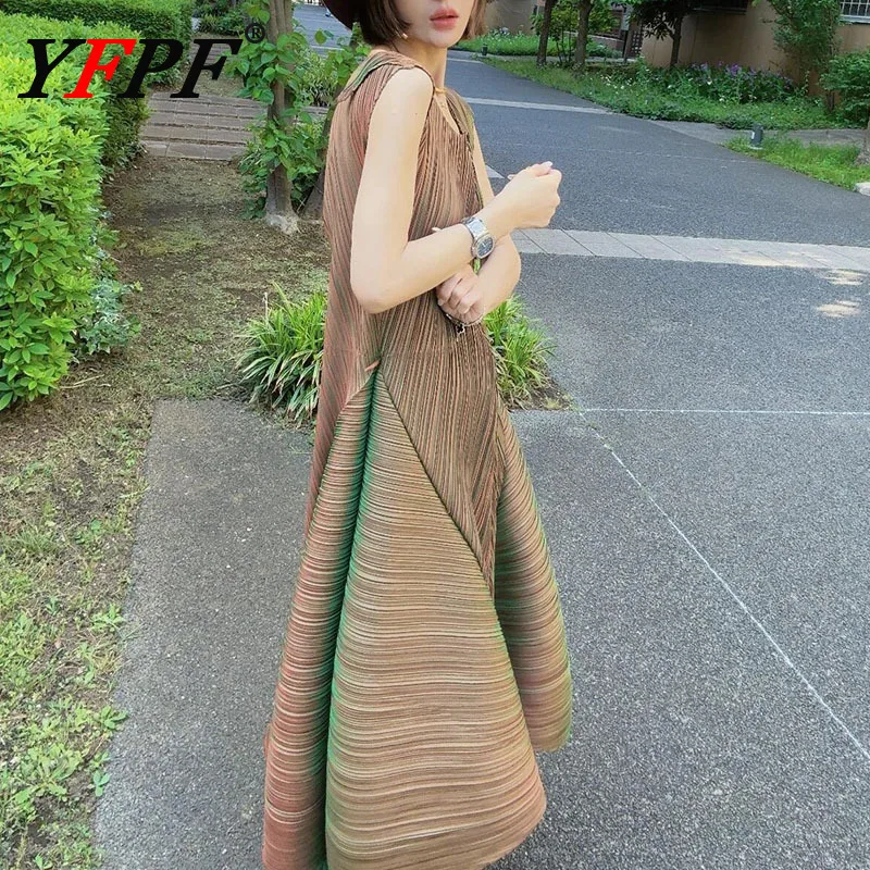 

YFPF Summer Miyake Pleated Sleeveless Dress Women Fashion Loose A Line Casual Long Dresses Elegant 2025 Female New Clothing