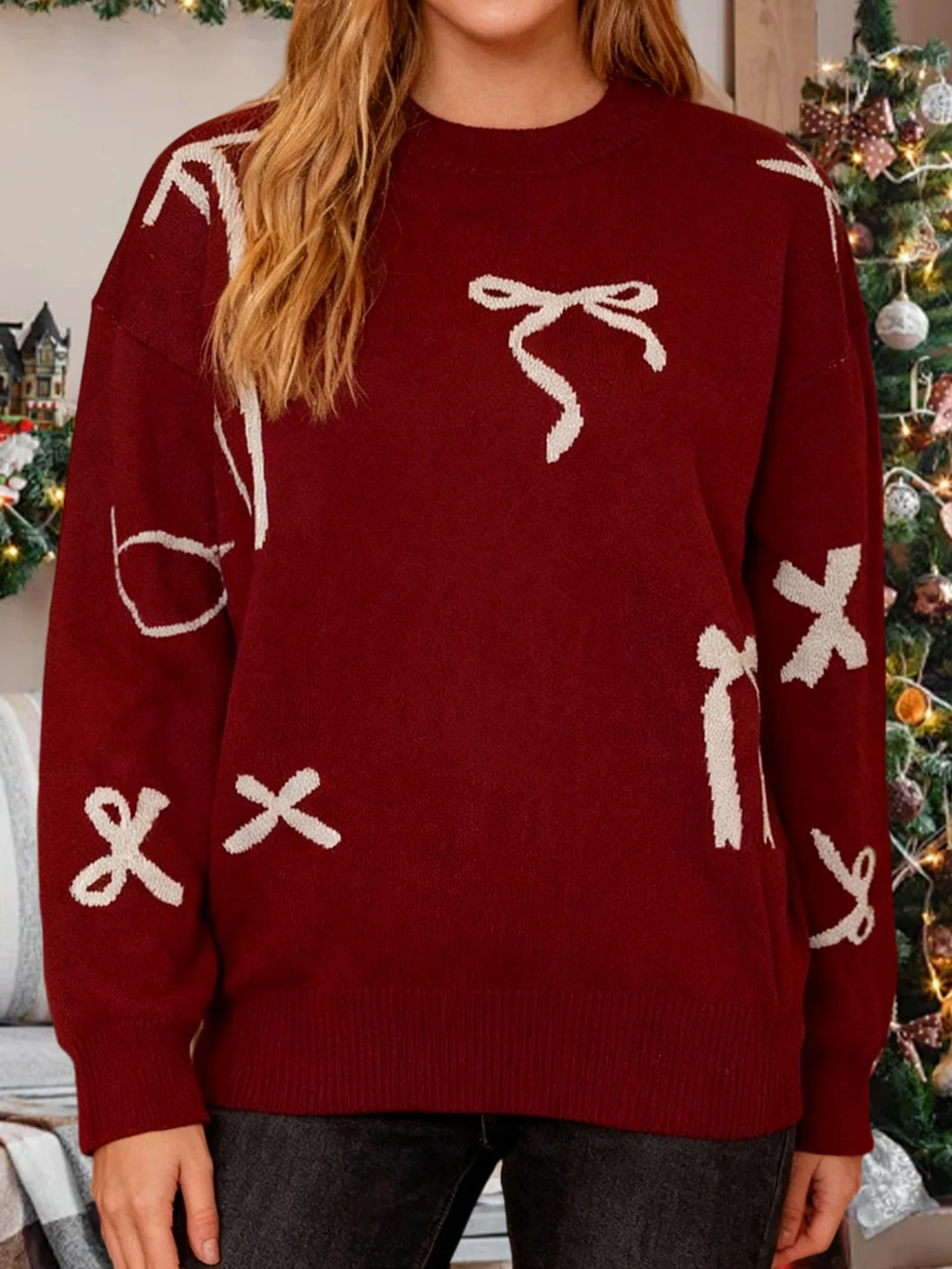 

Женский уютный вязаный свитер с длинными рукавами и круглым вырезом с шикарным дизайном с бантом для стильной зимней одежды