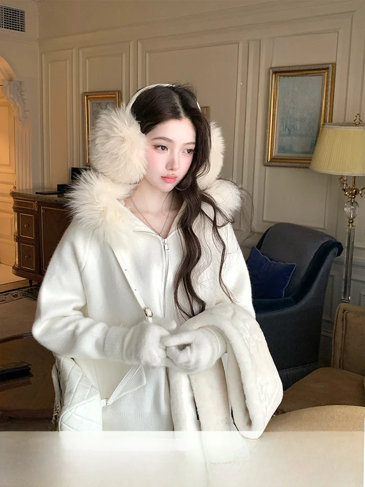 

Acaine Winter Casual Knitted Jaet Women's Zipper Hooded Coat Large Fur Collar Warm Soft Long Sve Mid-Length Outerwear