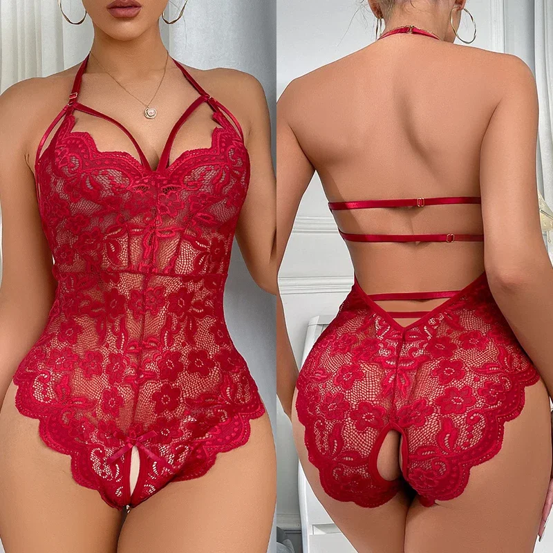 Sexy vermelho crotchless lingerie feminina renda sutiã transparente trajes eróticos teddy bebê boneca vestido profundo v aberto sutiã pornô conjunto de roupa interior