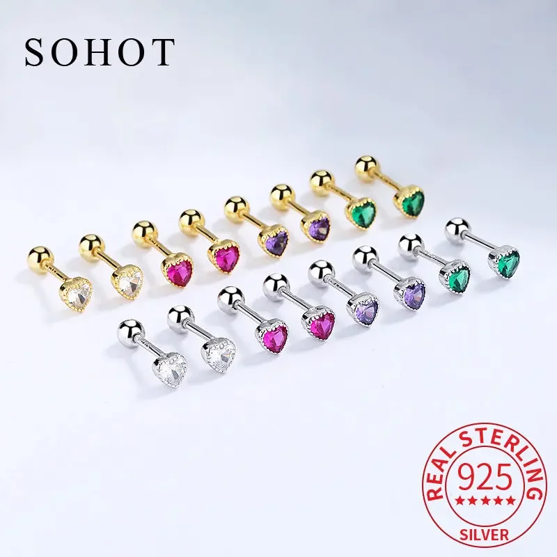 

Classic Real 925 Sterling Silver Zircon Heart Bead Screw Stud Earrings For Women Cute Fine Jewelry Minimalist Accessories