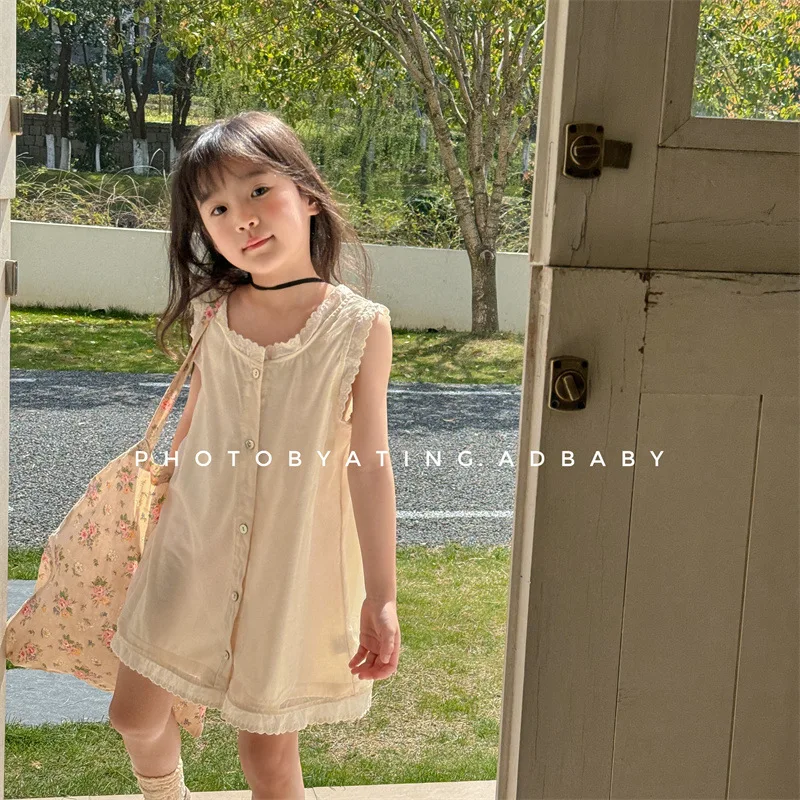 Children Clothing Girls Sweet Dress 2024 Summer New Fashionable Girls Korean Style Princess Solid Color Casual Sweet Girls Dress