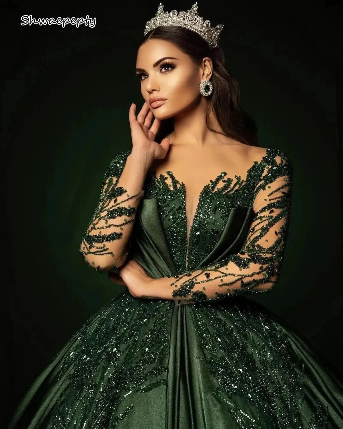 Luxo árabe dubai vestidos de noite frisado lantejoulas caçador verde cetim a linha ptom formal ocasião vestido mangas completas personalizado
