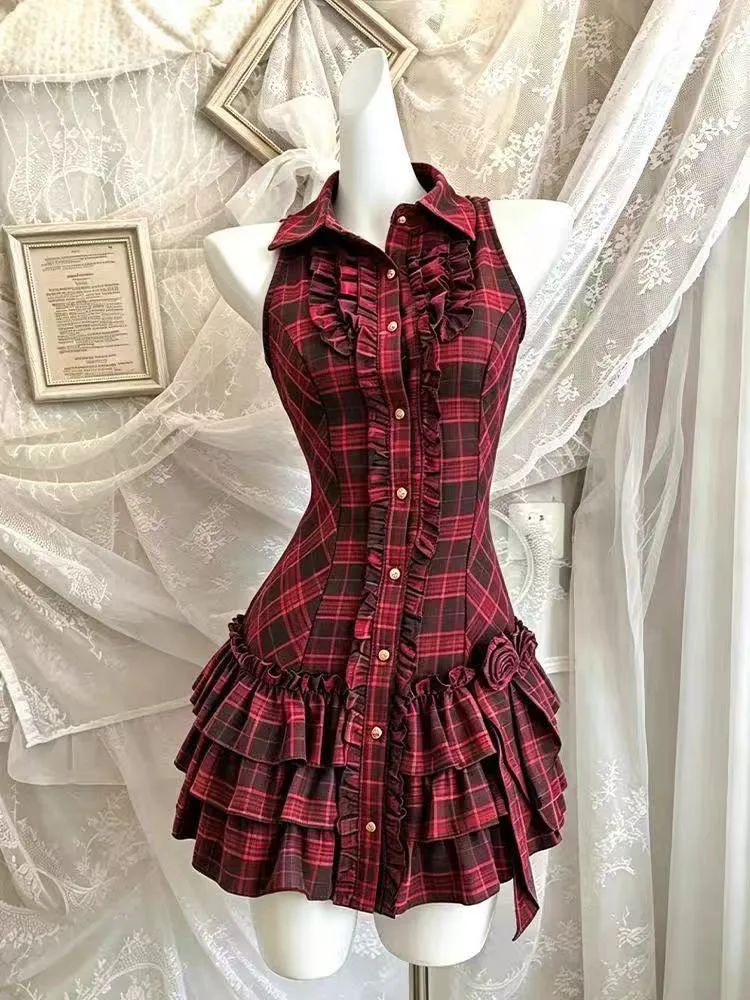 Vestido Mini Vintage a Cuadros con Parches para Mujer, Estilo Y2K Japonés, Delgado, Sin Mangas, Línea A, Elegante, Preppy, Gótico, Vestidos Mujer
