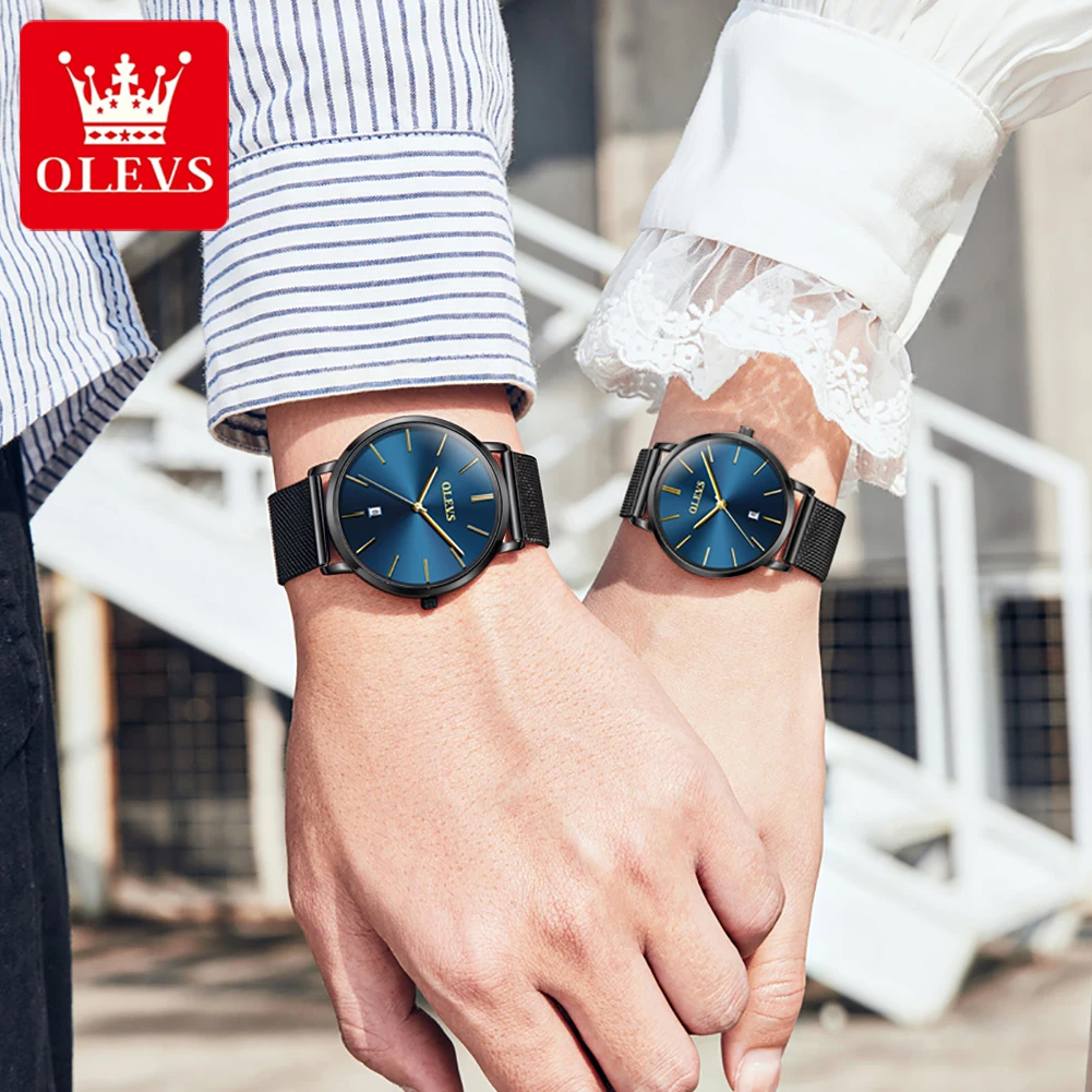 OLEVS-Montres de couple à quartz ultra minces pour hommes et femmes, bracelet en maille, étanche, date automatique, montres-bracelets minimalistes pour amoureux, 5869mm, 6.5