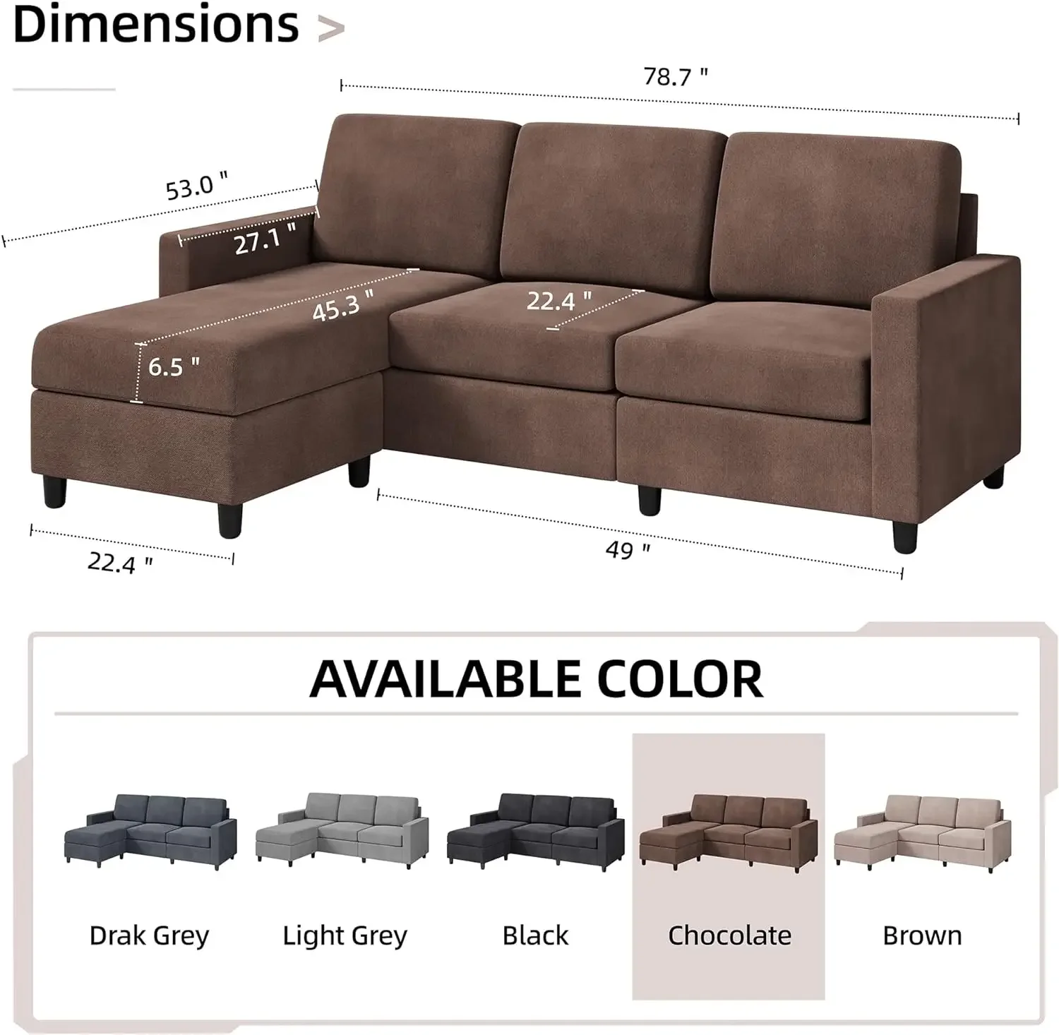 Convertible Sectional Sofa Couch, Modern Linen Fabric L-Shaped , 3-Seat Sofa Sectional with Reversible Chaise