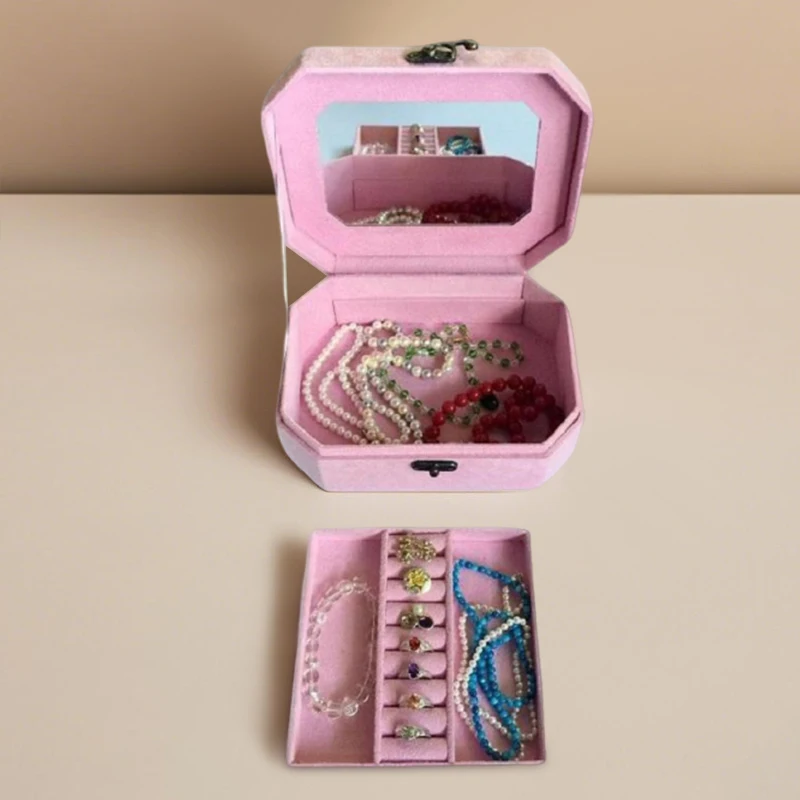 Vintage Portable Storage Box Solid Color With Mirror Women Accessories Container Necklace Ring Octagon Double Layer Jewelry Box