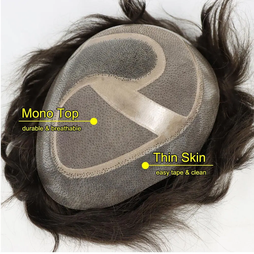 Durable Hair System for Men Fine Mono Lace and Skin PU Systems Mens Toupee Hairpieces Natural Hairline 8