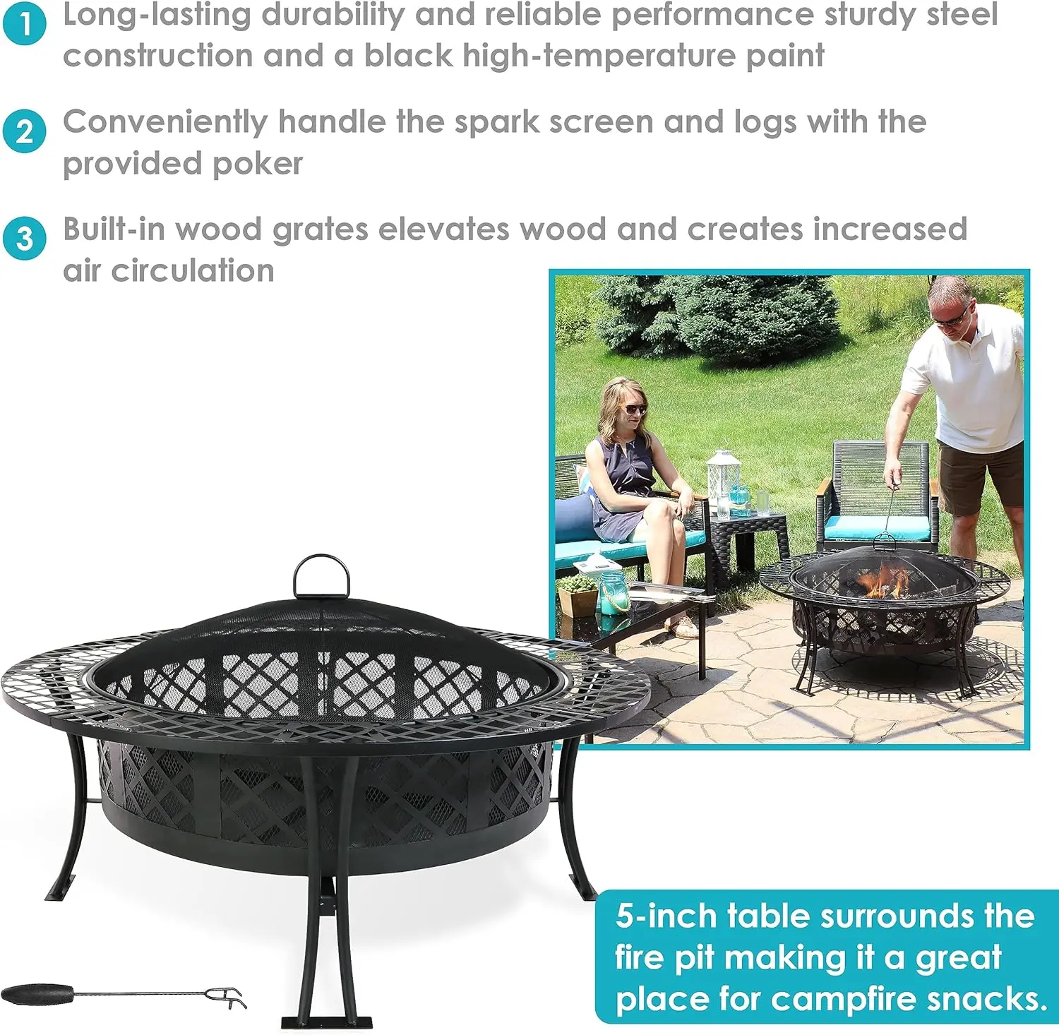 40-Inch Round Steel Fire Pit Table with Durable Spark Screen and Poker - Portable Design - Black - Diamond Weave