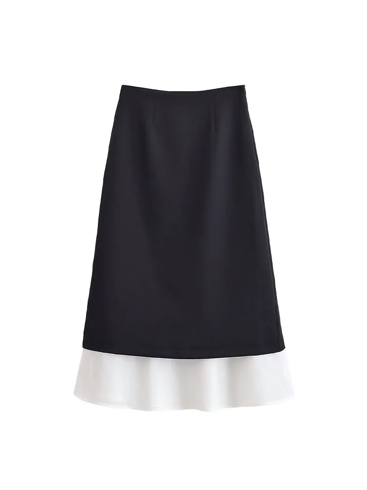 

HH Woman Spring Fashion Versatile Zipper Black And White Splicing Decoration Mid Length Skirt Female Casual Street Style Skirt