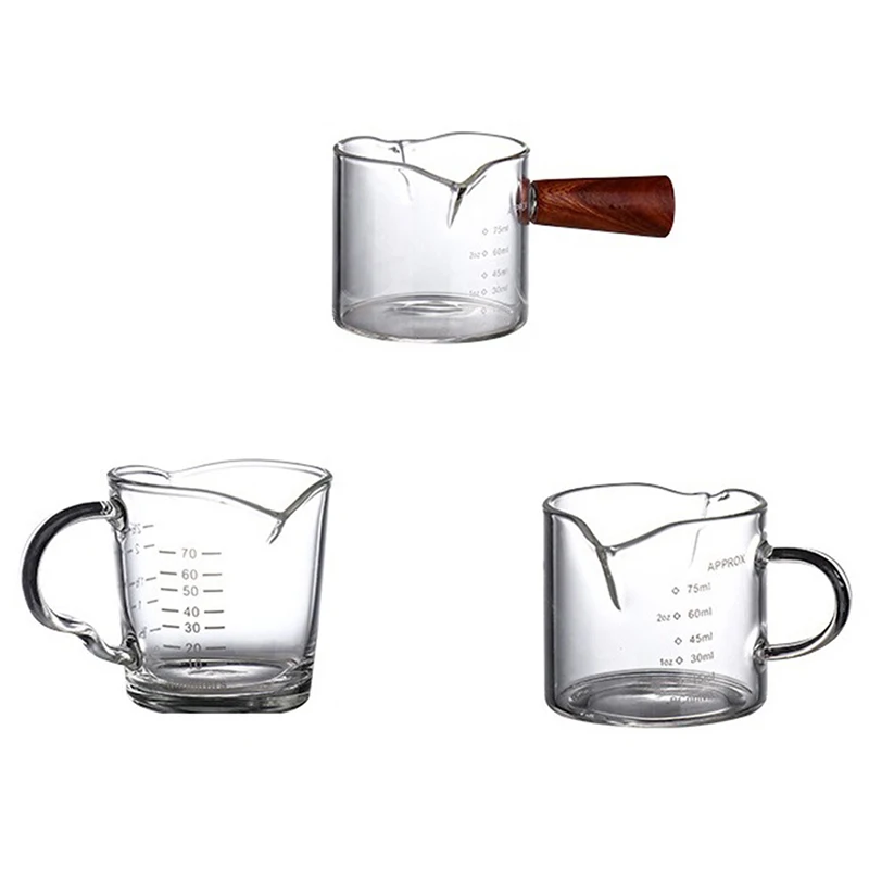 70/75ml Espresso Shot Glass Double Spout Glass Measuring Cup Heat-Resistant Handle Clear Scale Wine Milk Coffee Measure Jug