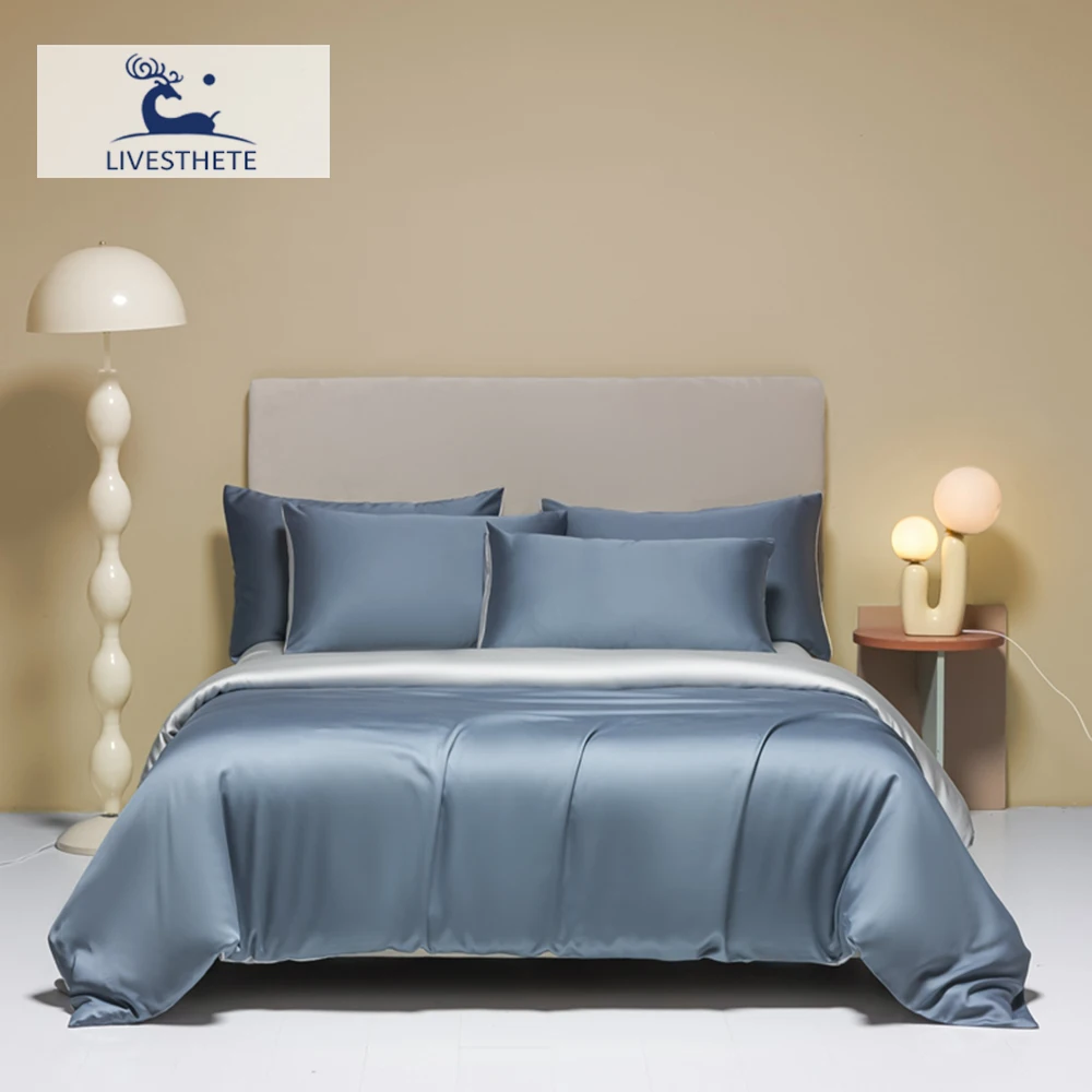 Liv-Esthete Sleep Gift Blue Gray 100% Silk Bedding Set Silky Luxury Queen King Duvet Cover Flat Sheet Pillowcase Bed Linen Set